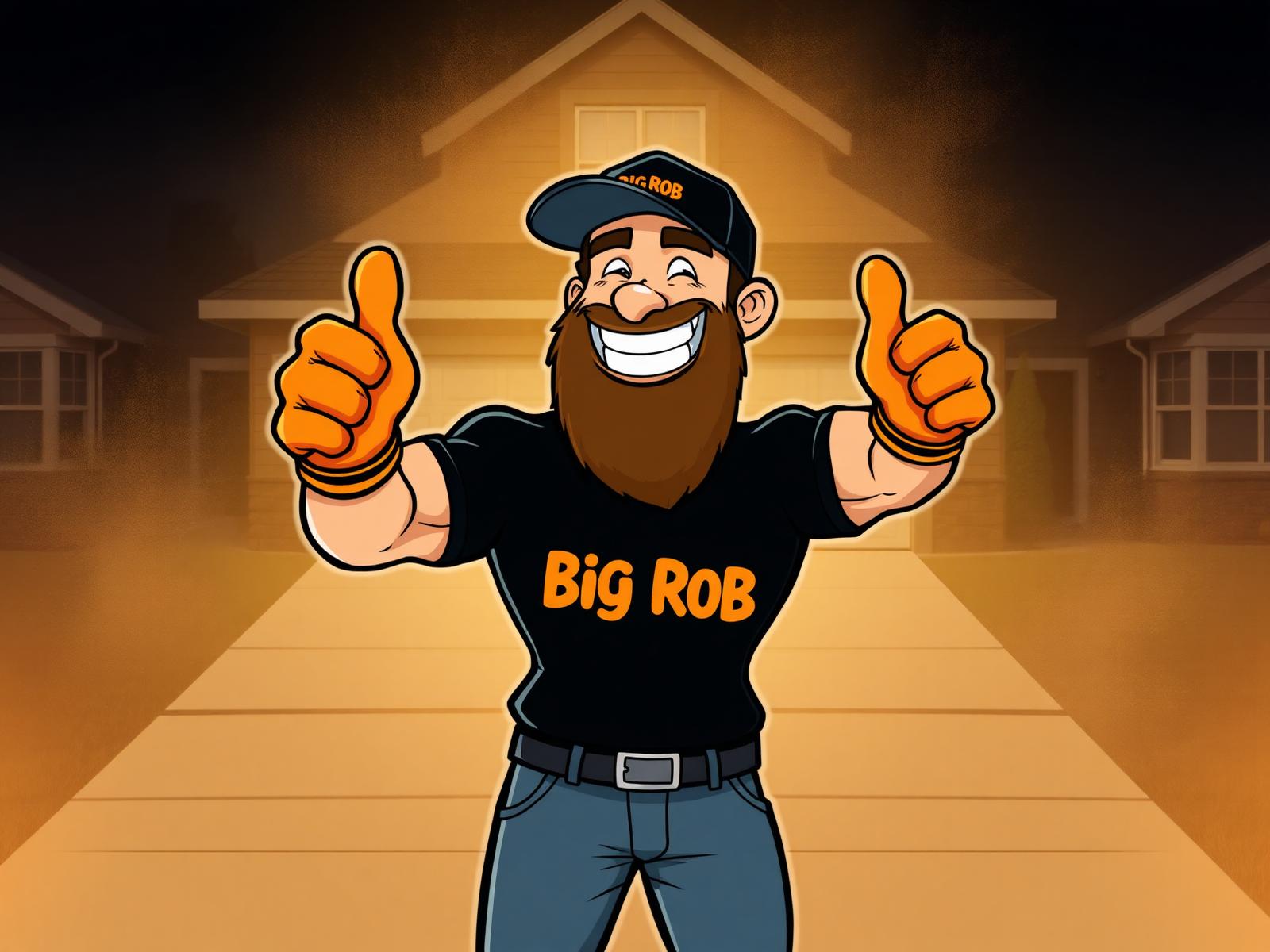 Big Rob giving a thumbs up in front of a home